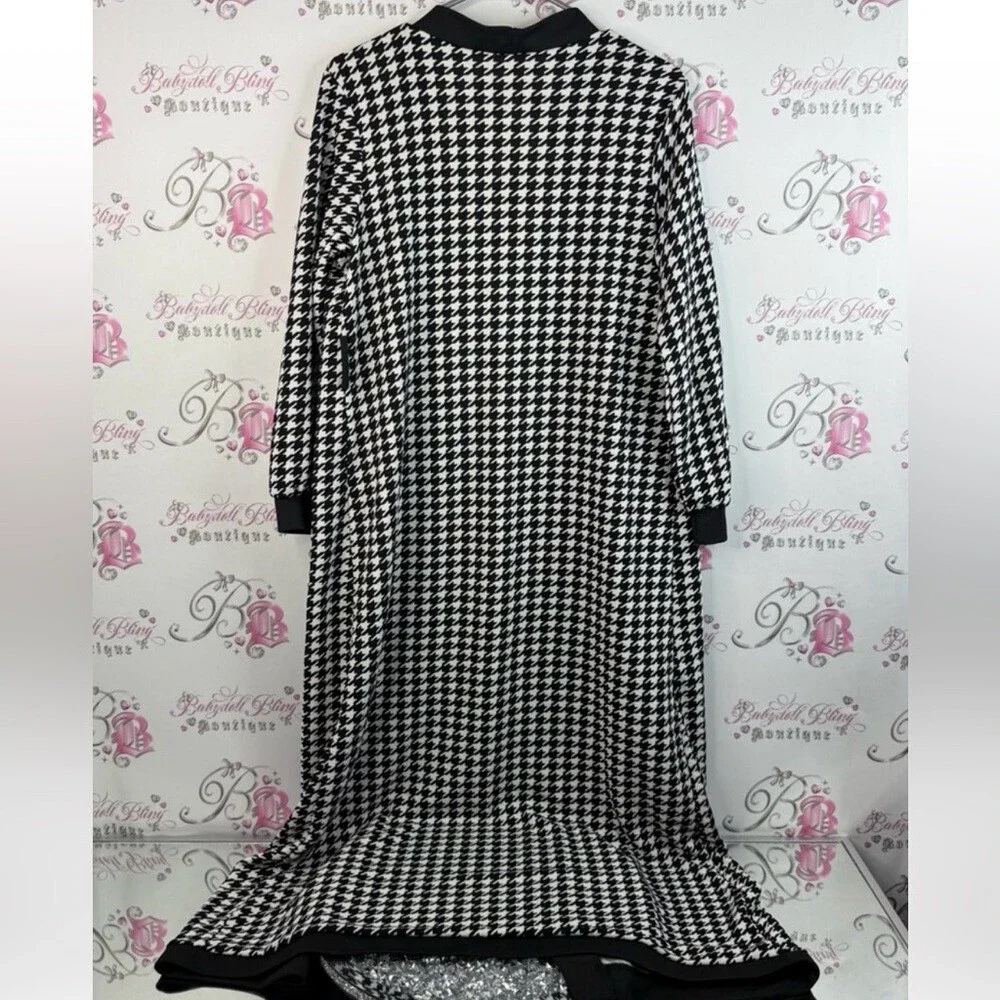 Cardigan long style color block Black and White Houndstooth Long Cardigan